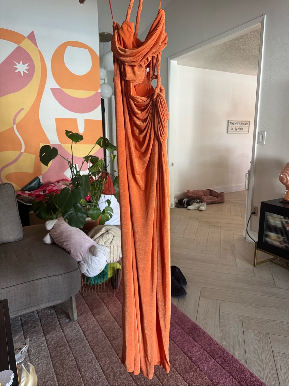 Luxxel Orange Maxi Dress with Draped Bodice